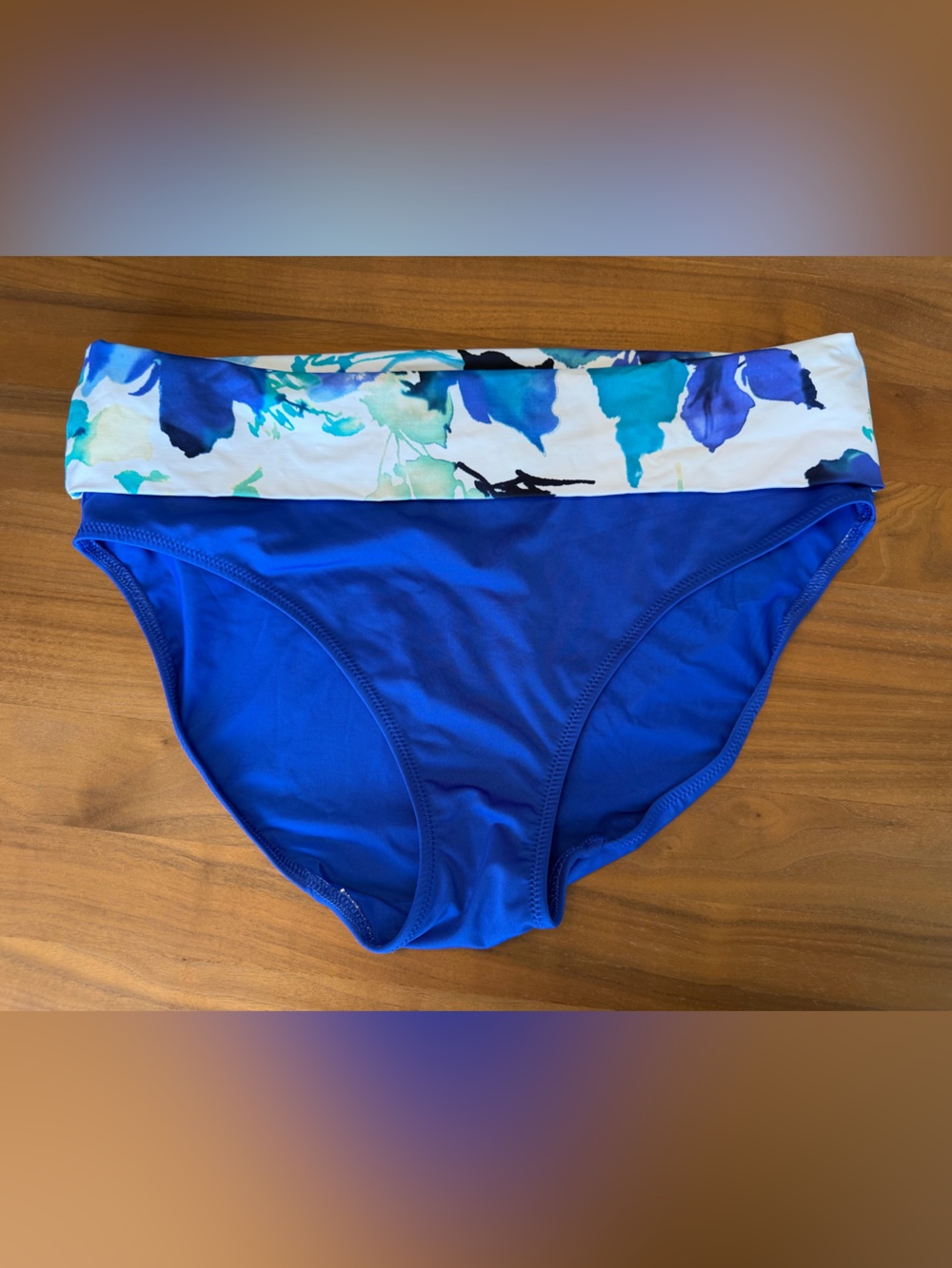 Fold-Over Blue Women's Swim Bottom with Abstract Floral Waistband. Fantasie. SzL